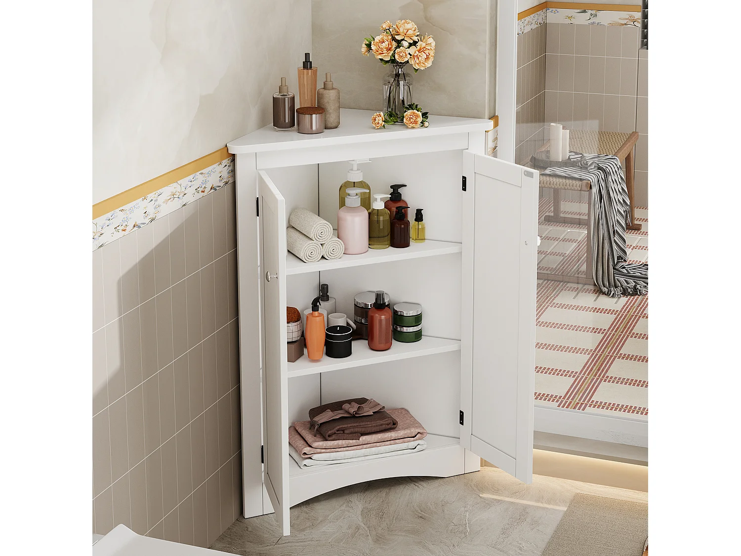 Meuble d'angle laquée pour salle de bain - 61.5 x 34.5 x 90 cm -  avec 2 portes + 3 étagères - MDF - blanc