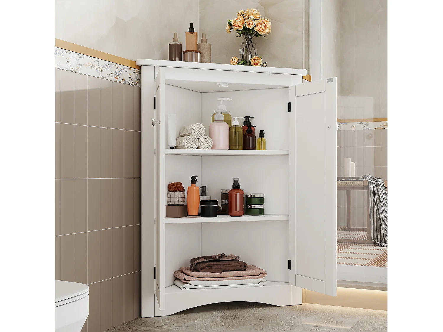 Meuble d'angle laquée pour salle de bain - 61.5 x 34.5 x 90 cm -  avec 2 portes + 3 étagères - MDF - blanc