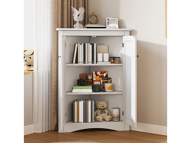 Meuble d'angle laquée pour salle de bain - 61.5 x 34.5 x 90 cm -  avec 2 portes + 3 étagères - MDF - blanc