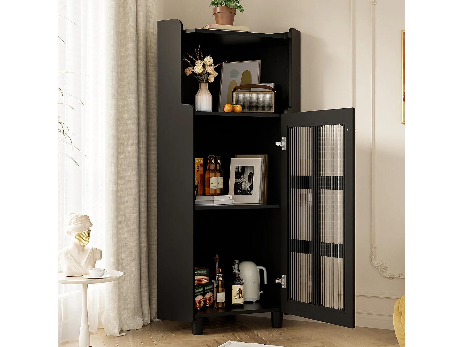 Meuble d'angle laquée pour salle de bain - 63.5 x 45 x 124 cm -  avec 1 porte + étagère + Leds - MDF - noir