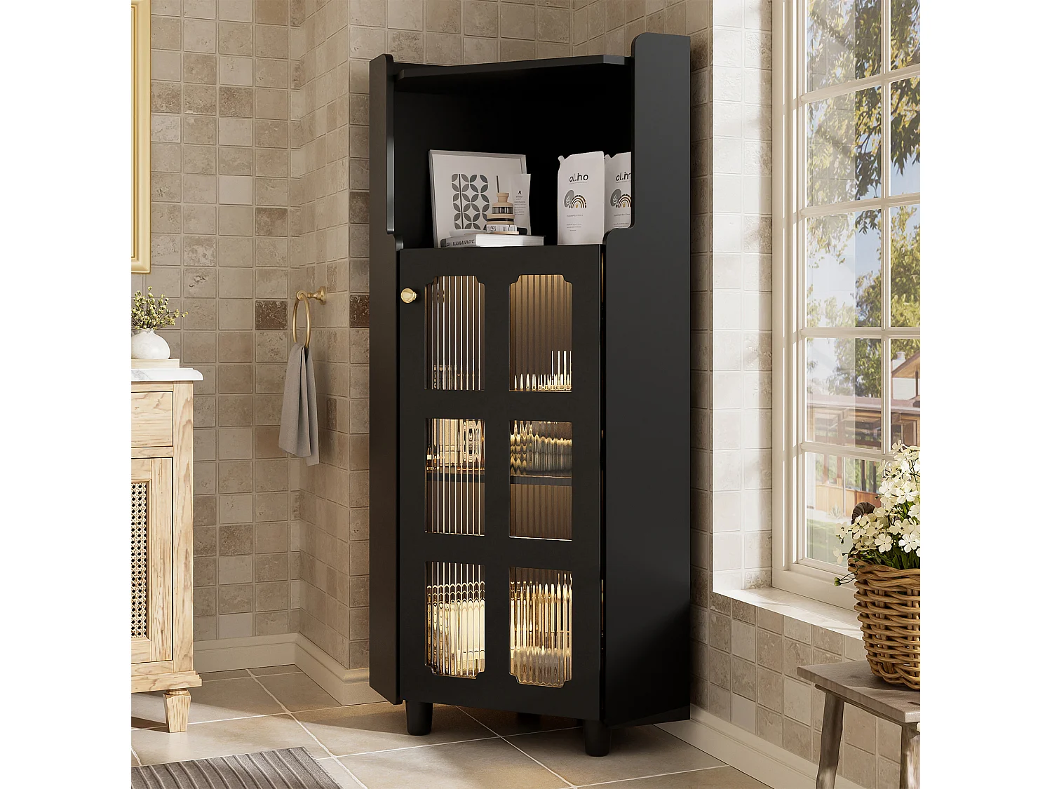 Meuble d'angle laquée pour salle de bain - 63.5 x 45 x 124 cm -  avec 1 porte + étagère + Leds - MDF - noir