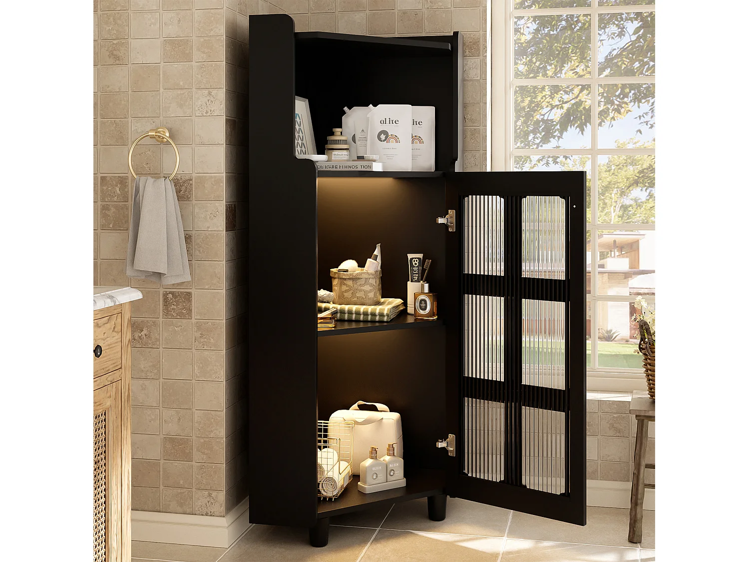 Meuble d'angle laquée pour salle de bain - 63.5 x 45 x 124 cm -  avec 1 porte + étagère + Leds - MDF - noir