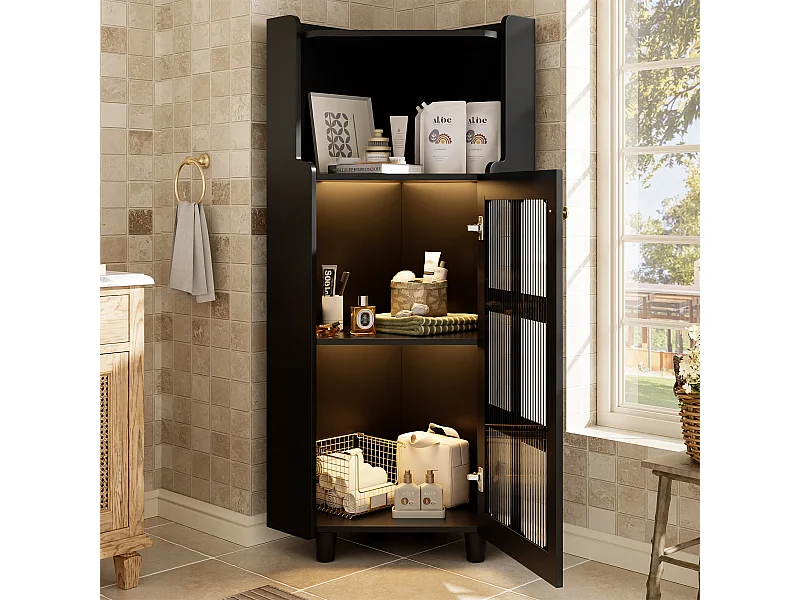 Meuble d'angle laquée pour salle de bain - 63.5 x 45 x 124 cm -  avec 1 porte + étagère + Leds - MDF - noir