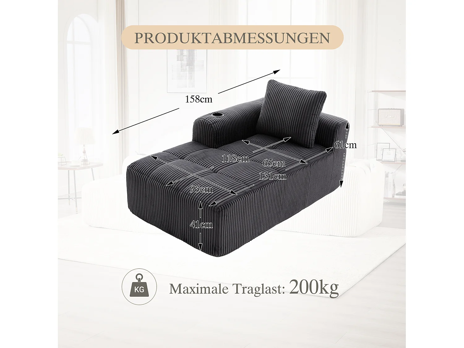 Canapé inclinable confortable - 158 x 93 x 61 cm - aucun assemblage requis - avec coussins de dossier + poche - velours - gris