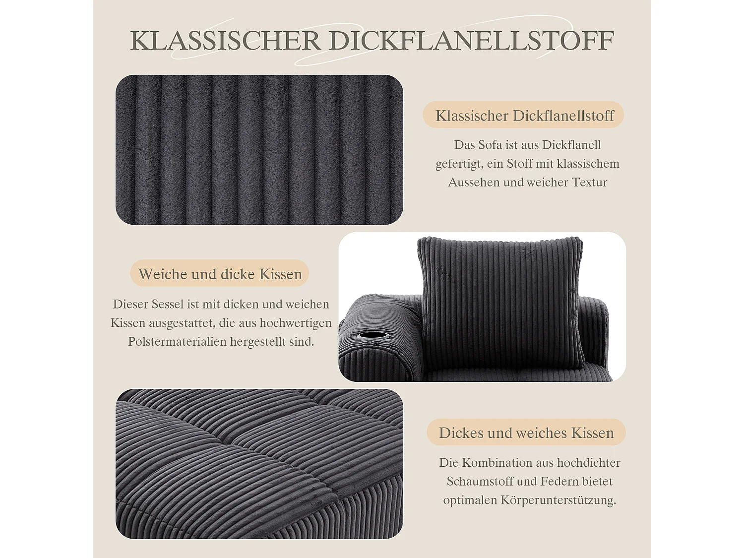 Canapé inclinable confortable - 158 x 93 x 61 cm - aucun assemblage requis - avec coussins de dossier + poche - velours - gris