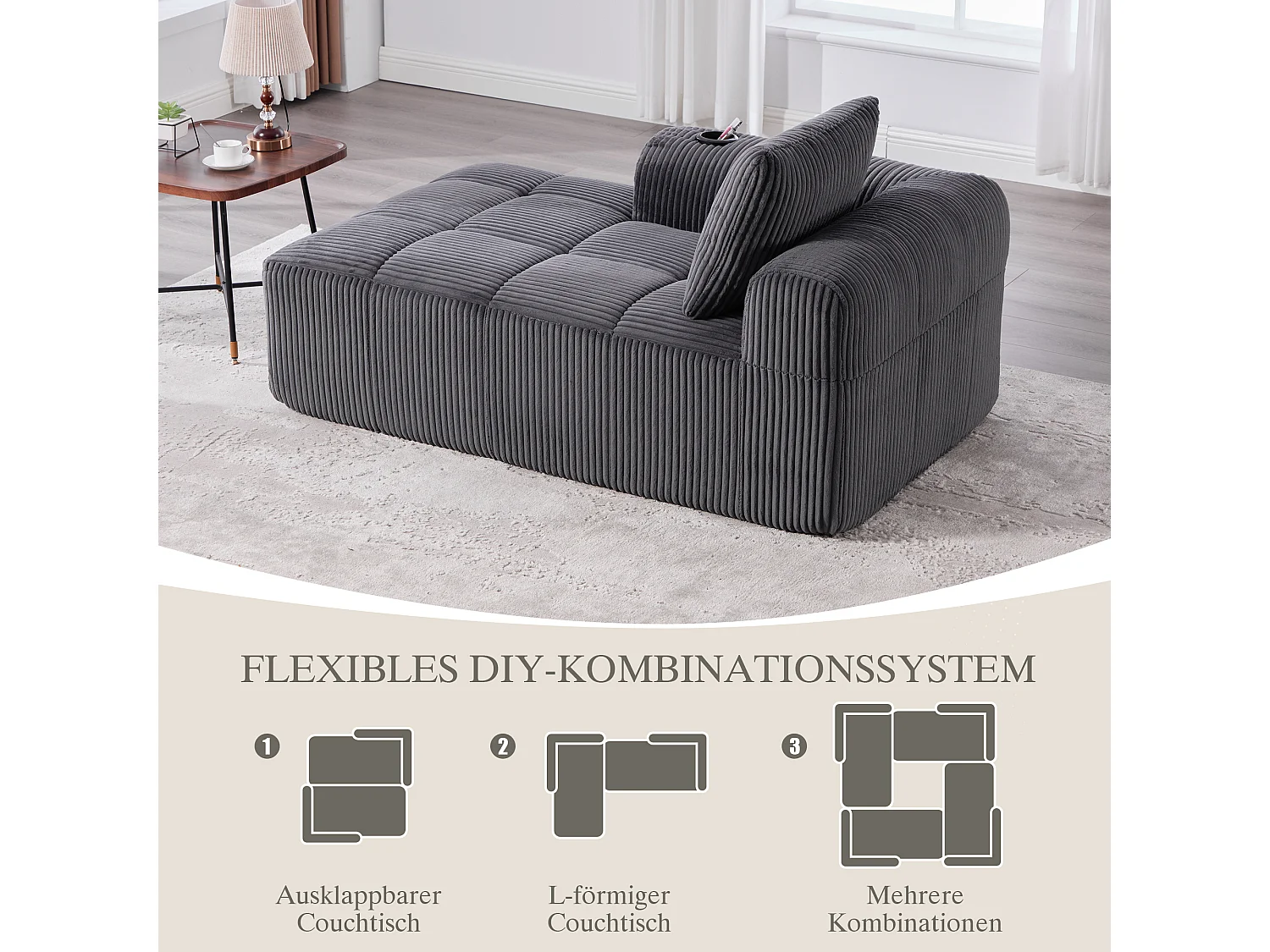 Canapé inclinable confortable - 158 x 93 x 61 cm - aucun assemblage requis - avec coussins de dossier + poche - velours - gris