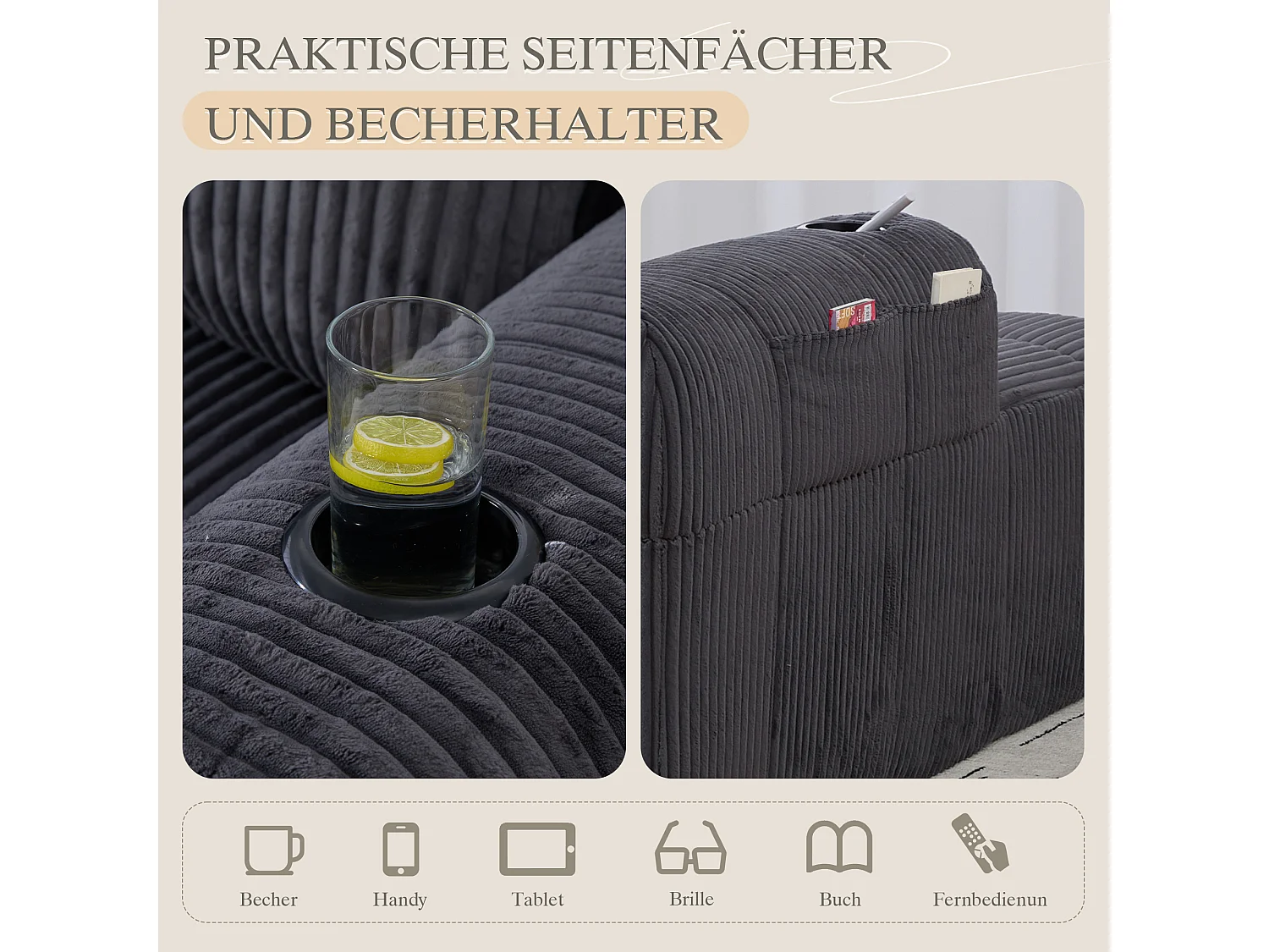 Canapé inclinable confortable - 158 x 93 x 61 cm - aucun assemblage requis - avec coussins de dossier + poche - velours - gris