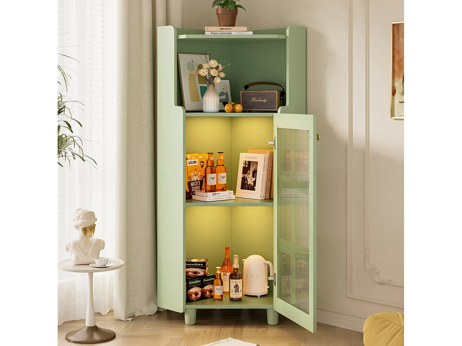 Meuble d'angle laquée pour salle de bain - 63.5 x 45 x 124 cm -  avec 1 porte + étagère + Leds - MDF - vert