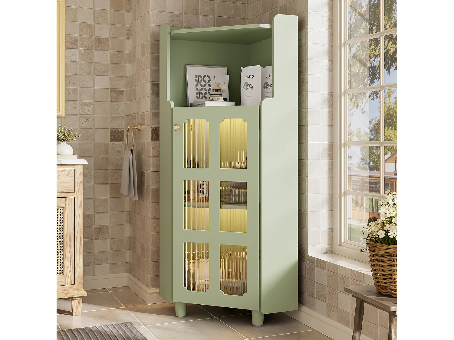 Meuble d'angle laquée pour salle de bain - 63.5 x 45 x 124 cm -  avec 1 porte + étagère + Leds - MDF - vert