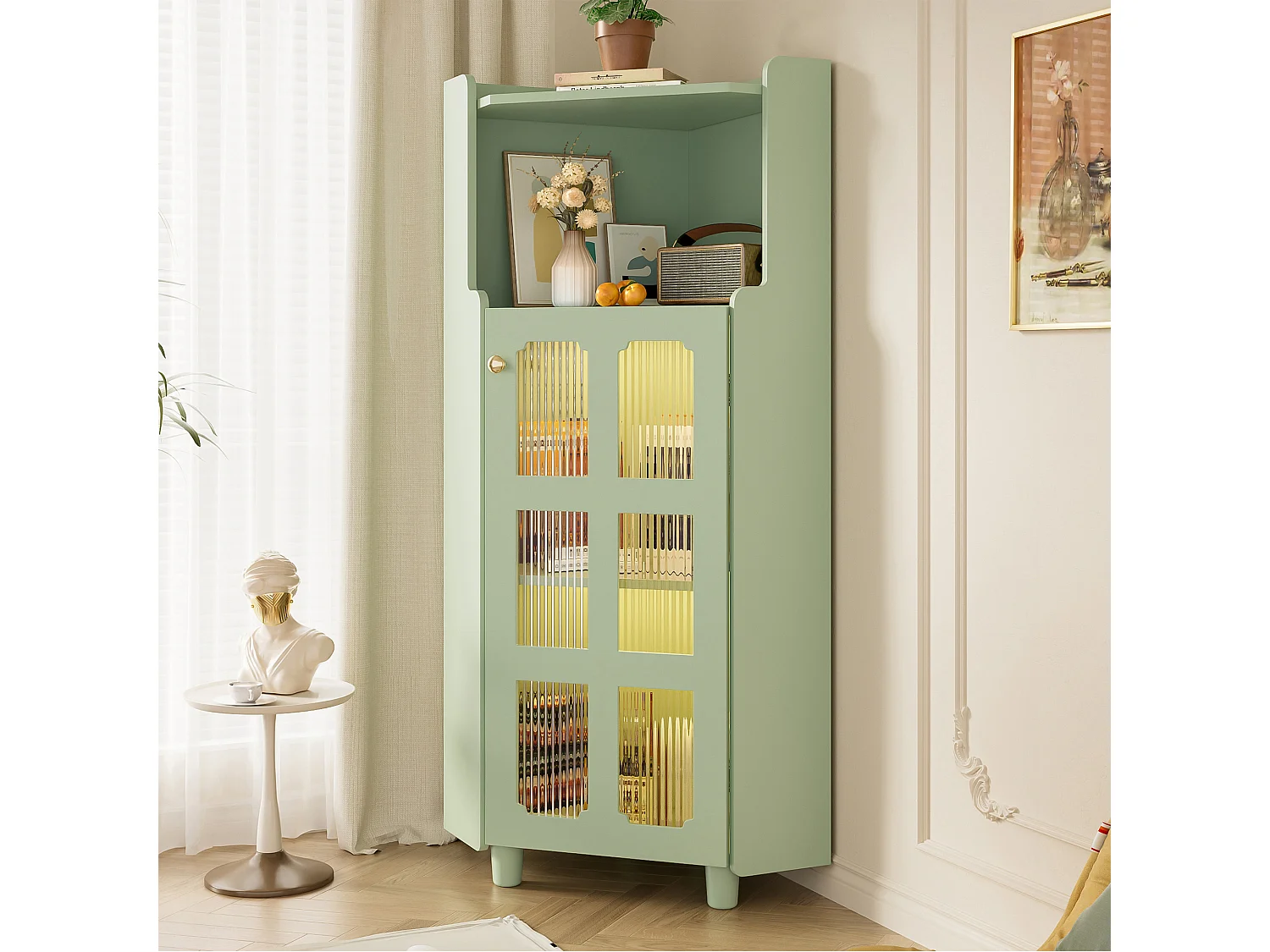 Meuble d'angle laquée pour salle de bain - 63.5 x 45 x 124 cm -  avec 1 porte + étagère + Leds - MDF - vert