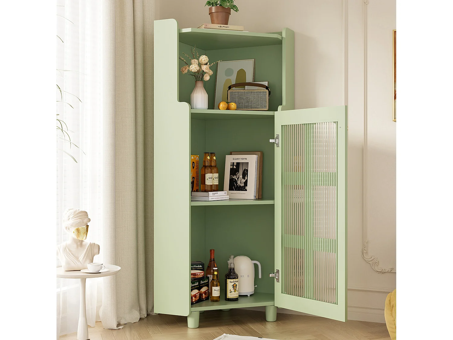 Meuble d'angle laquée pour salle de bain - 63.5 x 45 x 124 cm -  avec 1 porte + étagère + Leds - MDF - vert