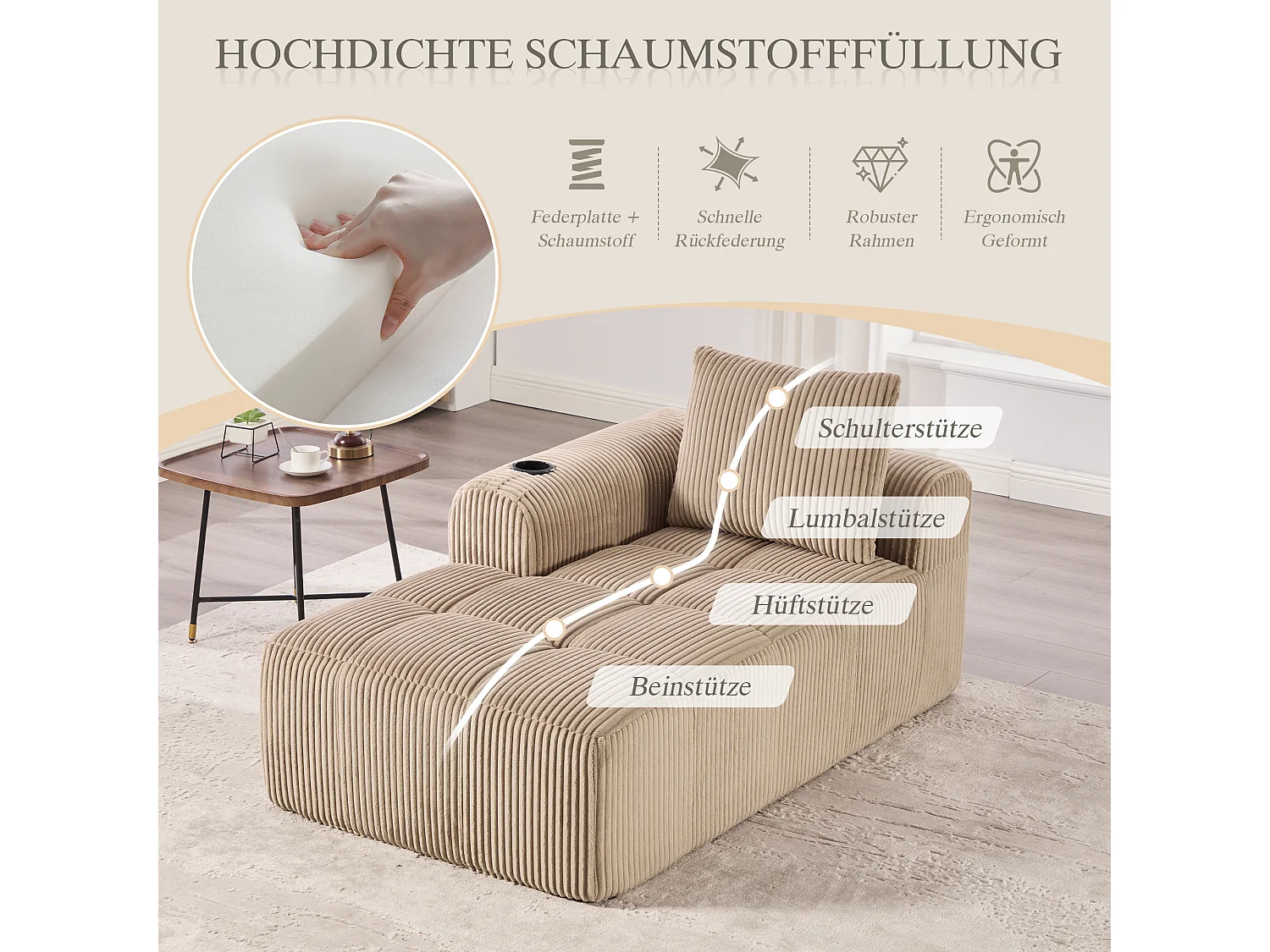 Comfortabele relaxbank - 158 x 93 x 61 cm - geen montage nodig - met rugkussens + opbergvak - fluweel - kaki