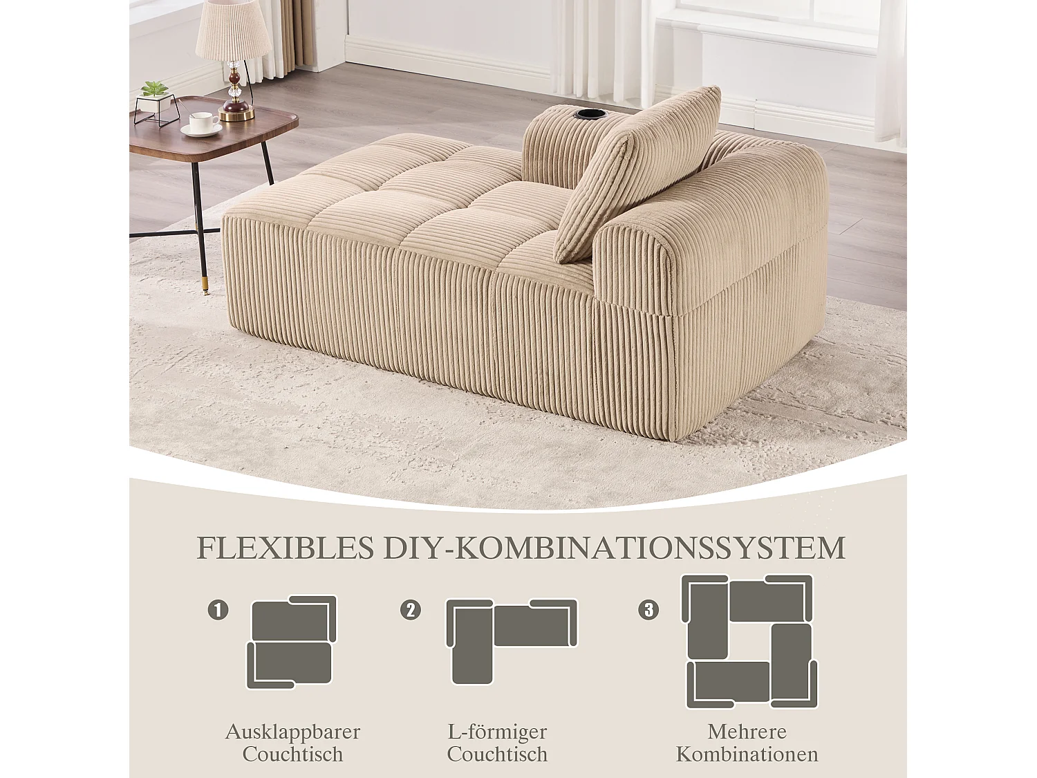 Comfortabele relaxbank - 158 x 93 x 61 cm - geen montage nodig - met rugkussens + opbergvak - fluweel - kaki