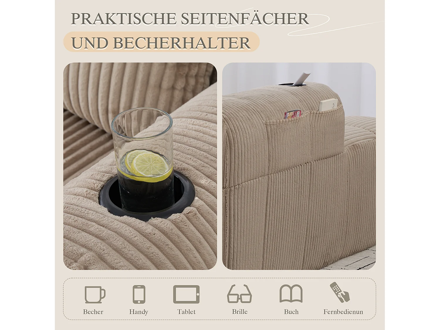 Comfortabele relaxbank - 158 x 93 x 61 cm - geen montage nodig - met rugkussens + opbergvak - fluweel - kaki