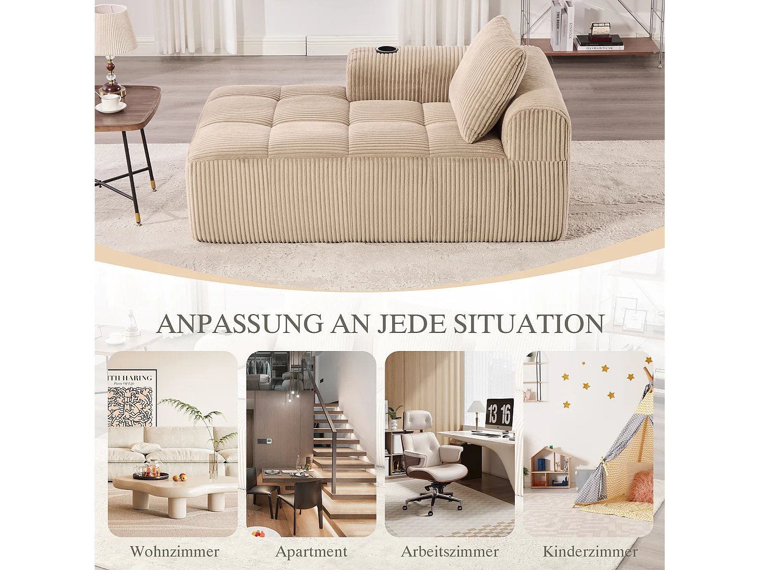 Comfortabele relaxbank - 158 x 93 x 61 cm - geen montage nodig - met rugkussens + opbergvak - fluweel - kaki