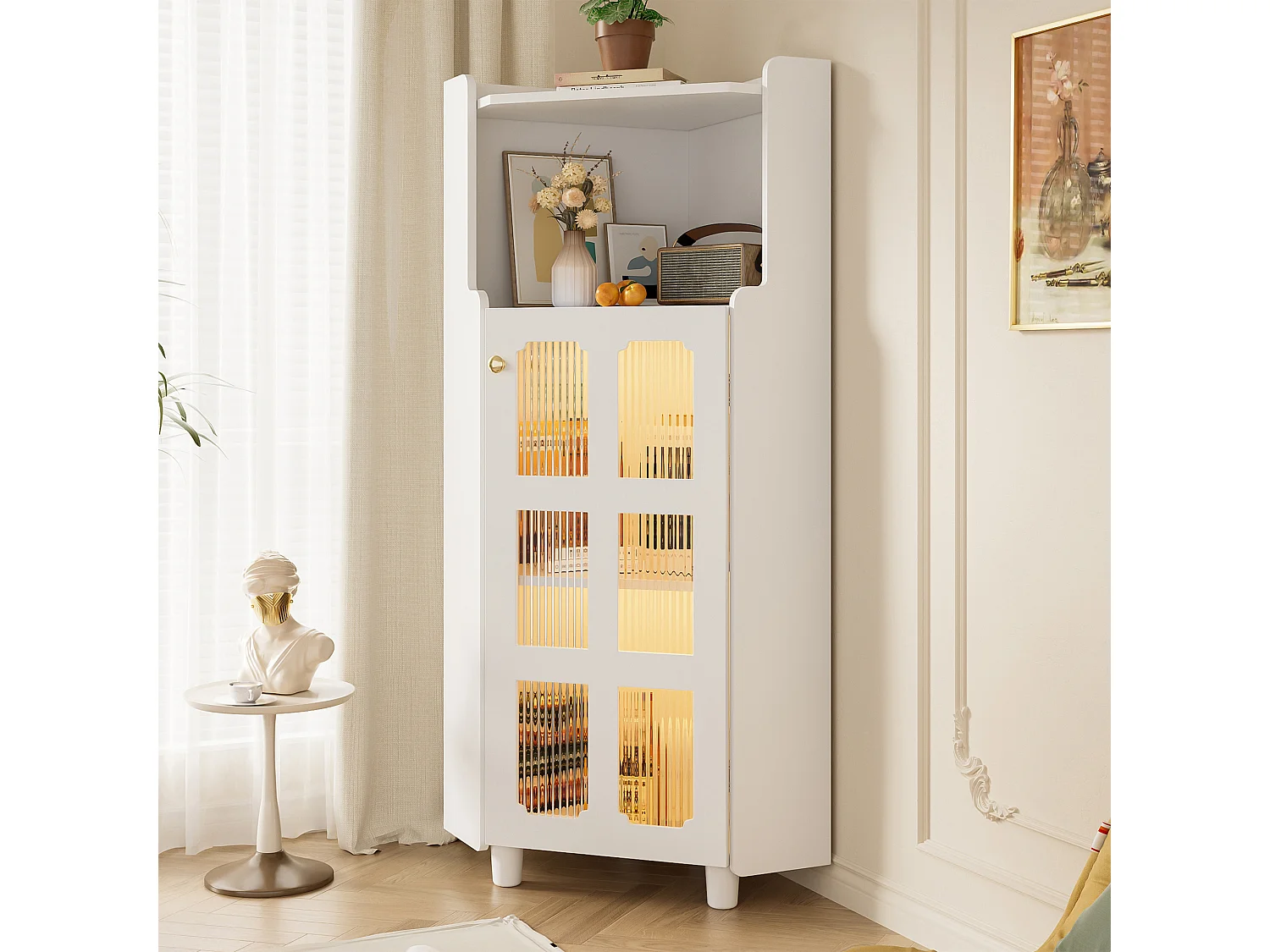 Meuble d'angle laquée pour salle de bain - 63.5 x 45 x 124 cm -  avec 1 porte + étagère + Leds - MDF - blanc