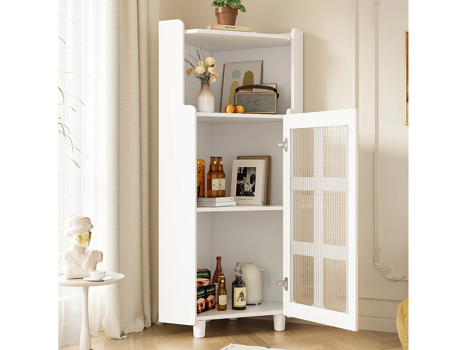 Meuble d'angle laquée pour salle de bain - 63.5 x 45 x 124 cm -  avec 1 porte + étagère + Leds - MDF - blanc