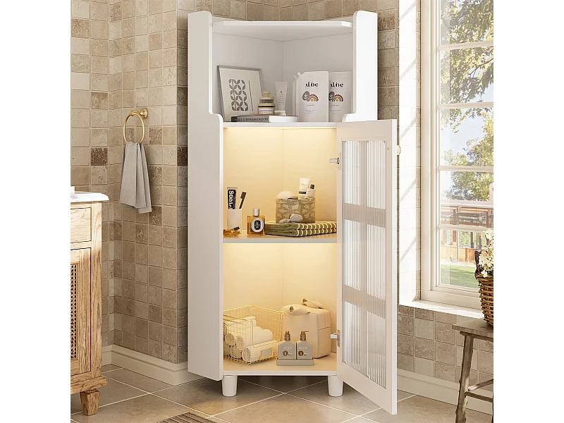 Meuble d'angle laquée pour salle de bain - 63.5 x 45 x 124 cm -  avec 1 porte + étagère + Leds - MDF - blanc