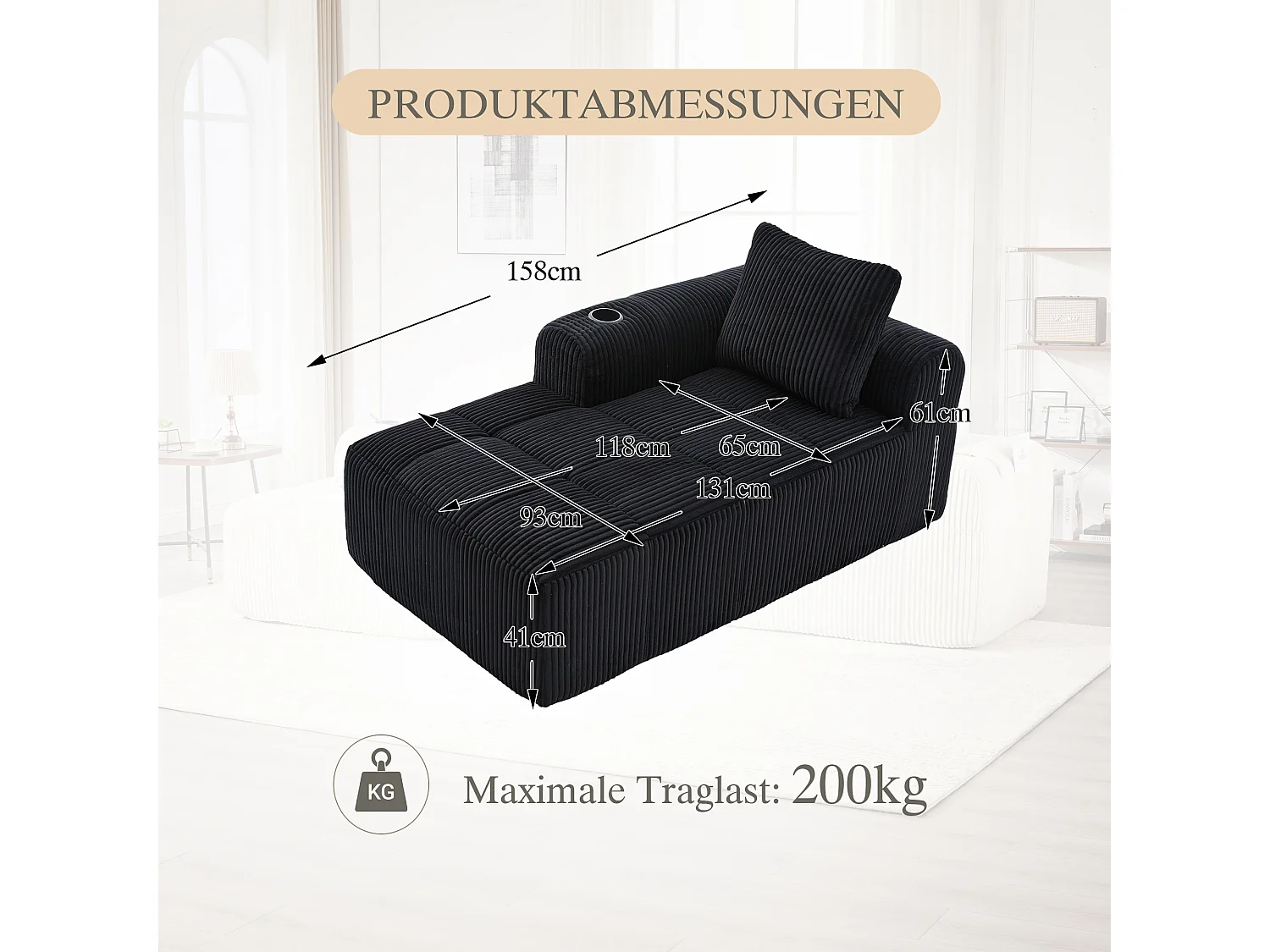 Canapé inclinable confortable - 158 x 93 x 61 cm - aucun assemblage requis - avec coussins de dossier + poche - velours - noir