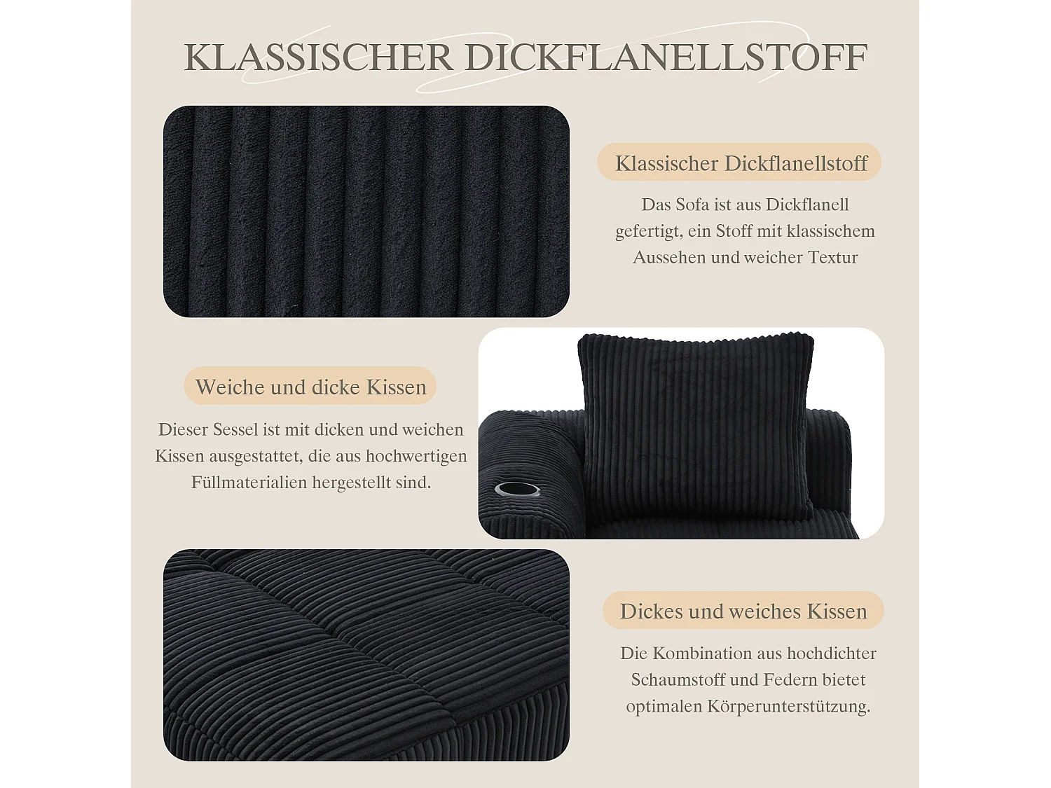 Canapé inclinable confortable - 158 x 93 x 61 cm - aucun assemblage requis - avec coussins de dossier + poche - velours - noir