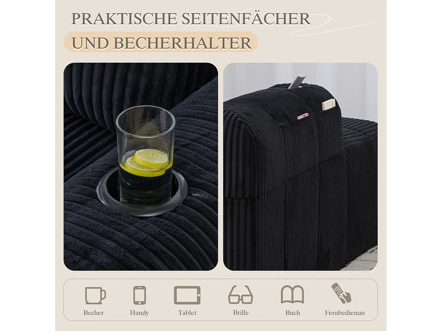 Canapé inclinable confortable - 158 x 93 x 61 cm - aucun assemblage requis - avec coussins de dossier + poche - velours - noir