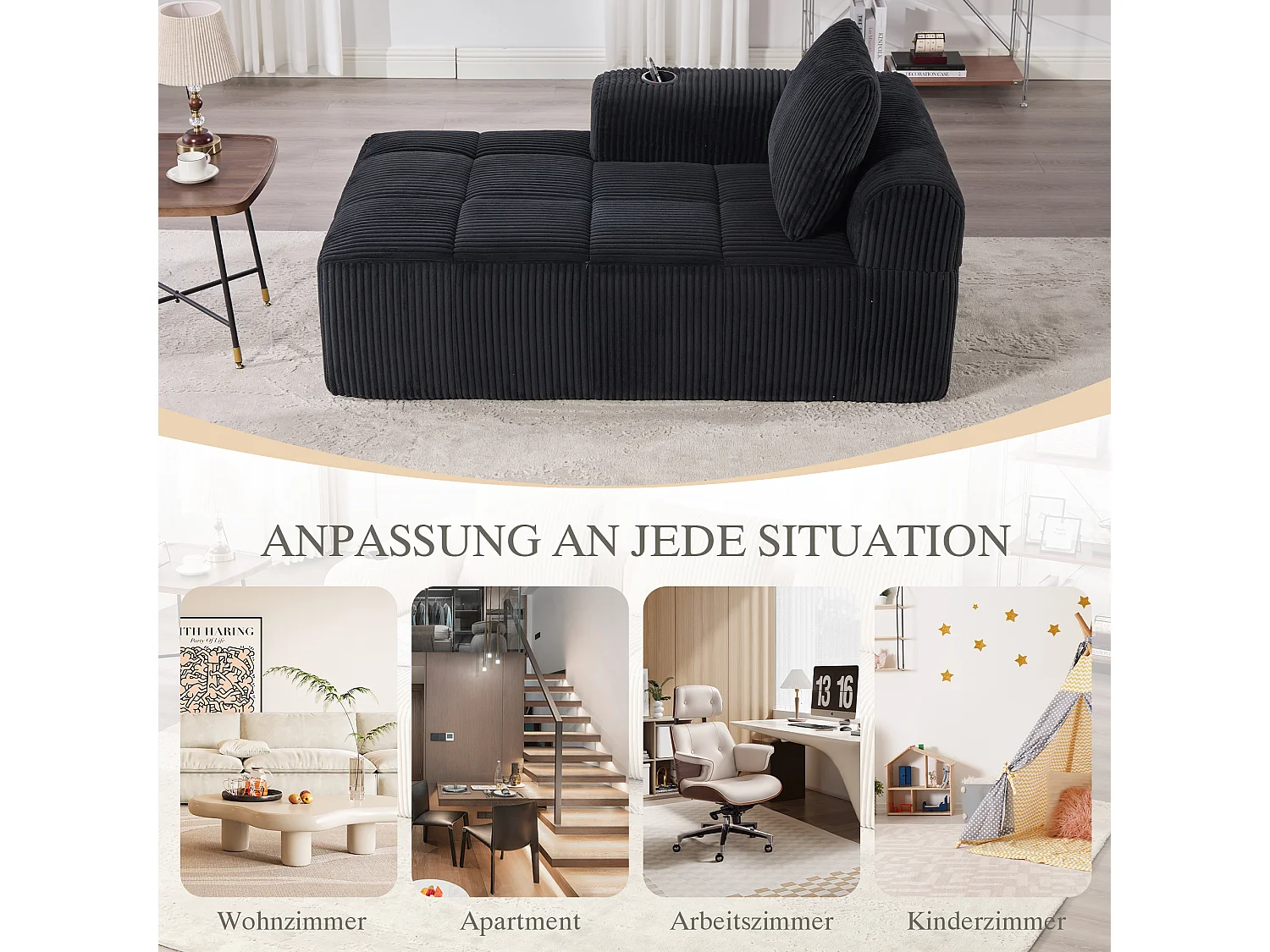 Canapé inclinable confortable - 158 x 93 x 61 cm - aucun assemblage requis - avec coussins de dossier + poche - velours - noir