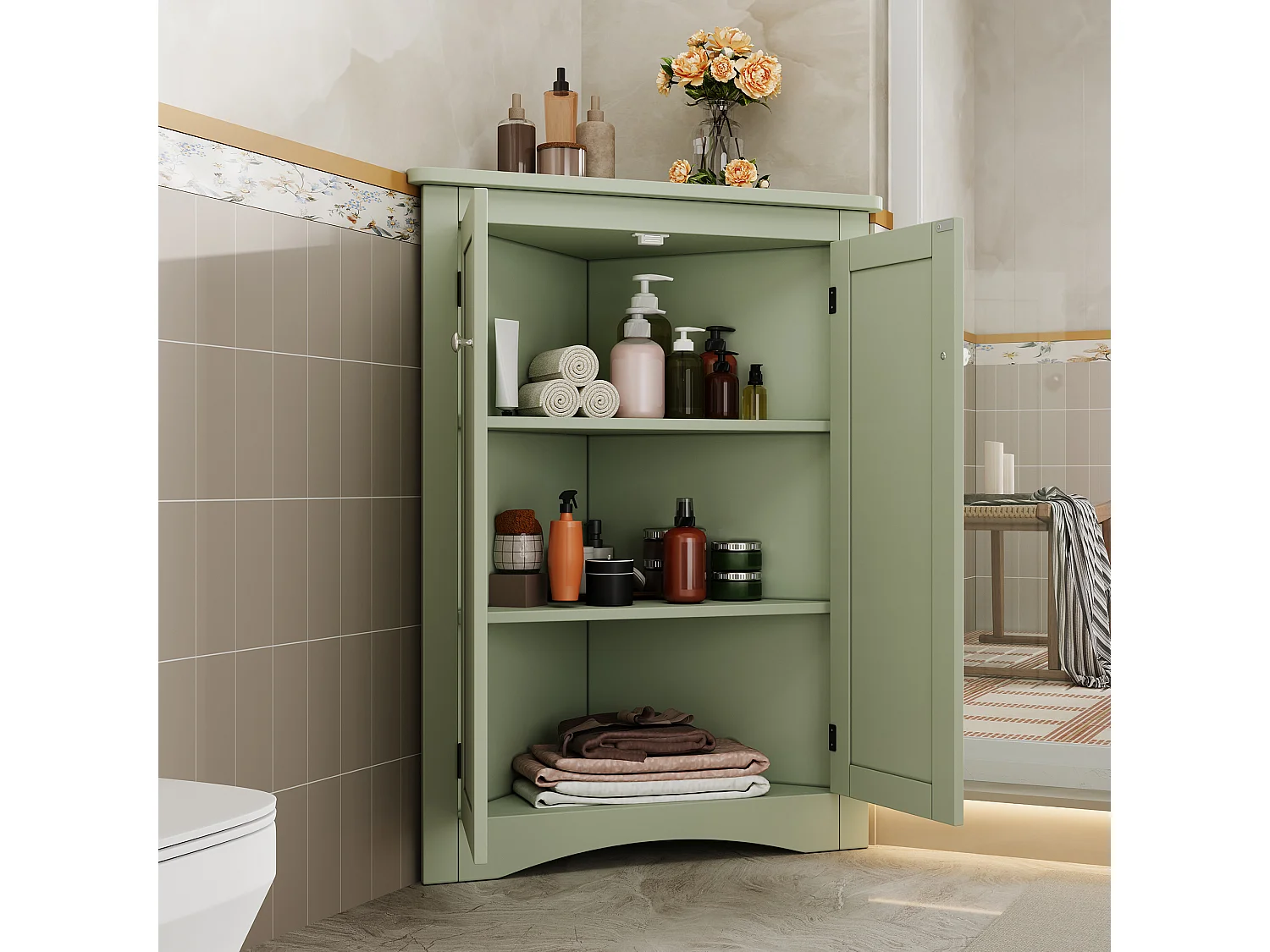Meuble d'angle laquée pour salle de bain - 61.5 x 34.5 x 90 cm -  avec 2 portes + 3 étagères - MDF - vert
