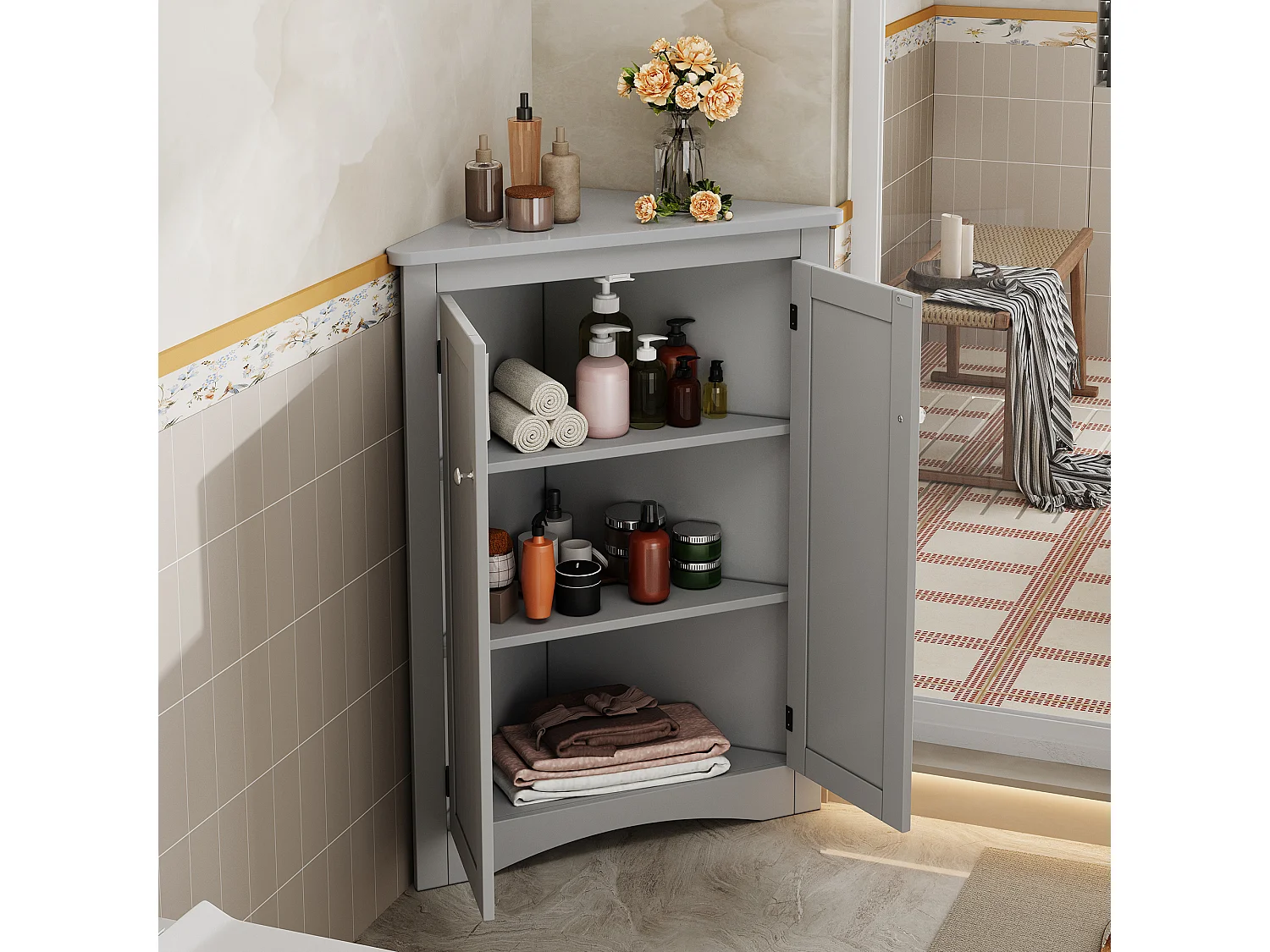 Meuble d'angle laquée pour salle de bain - 61.5 x 34.5 x 90 cm -  avec 2 portes + 3 étagères - MDF - gris