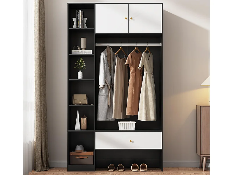 Armoire 105x40x185 cm - avec 1 tiroir et 2 portes - avec tringle à vêtements et compartiments de rangement ouverts - Blanc + Noir