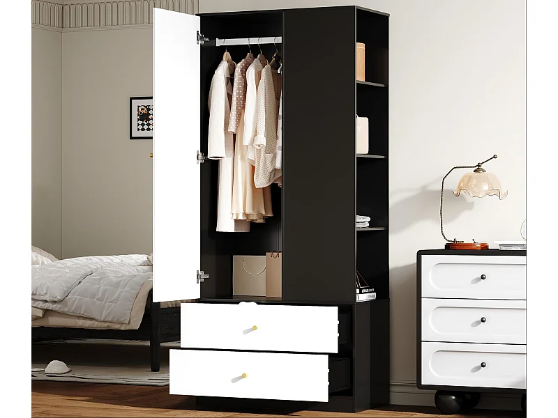 Armoire 80x40x180 cm - avec 2 tiroirs et 1 porte - avec miroir et compartiments de rangement ouverts - Blanc + Noir