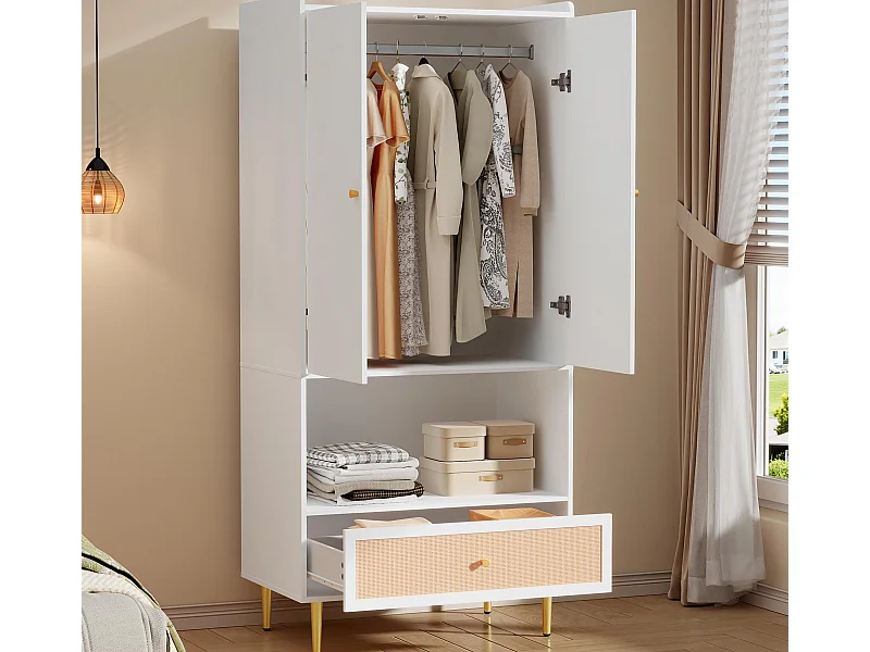 Armoire 80x48x175 cm - avec 1 tiroir et 2 portes - avec tringle à vêtements et compartiment de rangement ouvert - Blanc + Naturel
