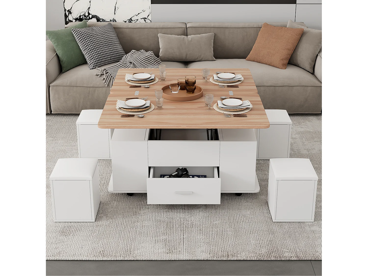 4-in-1 Couchtisch mit Hubfunktion – 100 x 50 x 45 cm – Mobiler Couchtisch mit Schubladen + 4 Hocker – Spanplatte – Weiß + Natur