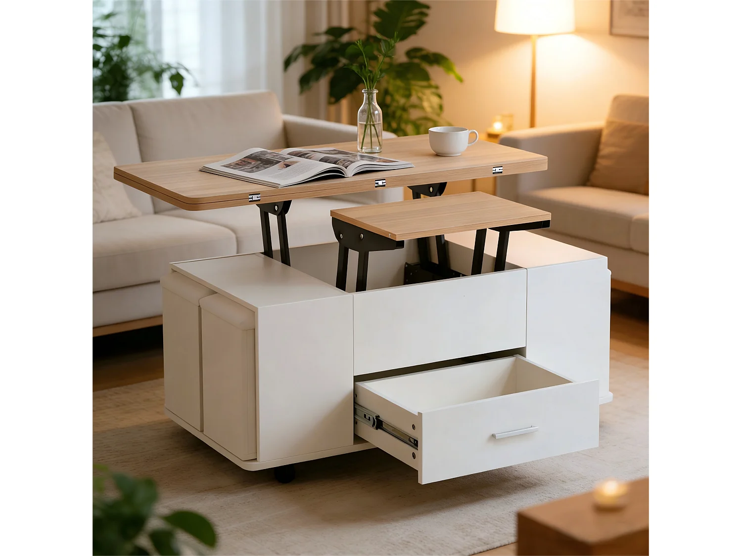 4-in-1 Couchtisch mit Hubfunktion – 100 x 50 x 45 cm – Mobiler Couchtisch mit Schubladen + 4 Hocker – Spanplatte – Weiß + Natur