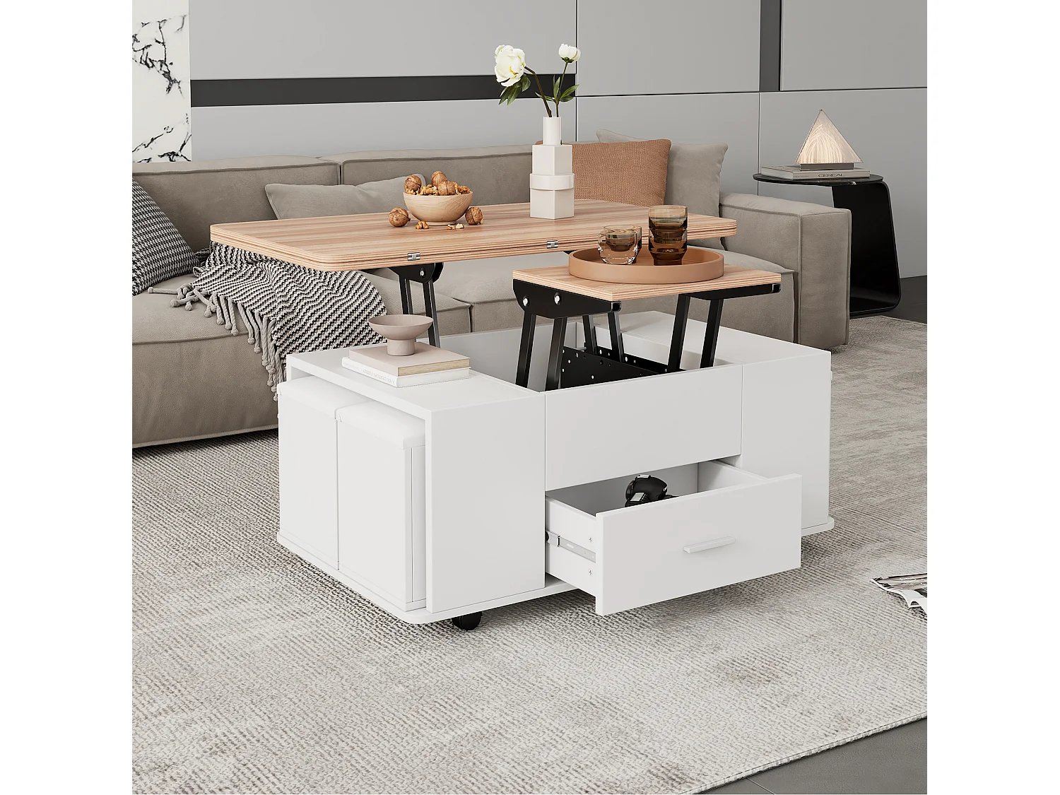 4-in-1 Couchtisch mit Hubfunktion – 100 x 50 x 45 cm – Mobiler Couchtisch mit Schubladen + 4 Hocker – Spanplatte – Weiß + Natur