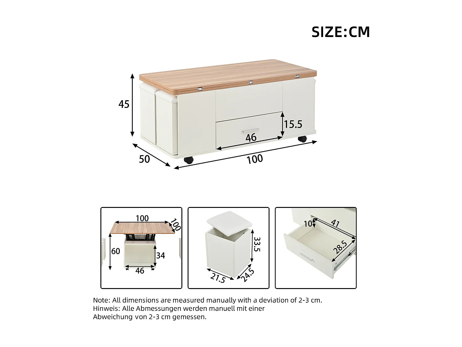 4-in-1 Couchtisch mit Hubfunktion – 100 x 50 x 45 cm – Mobiler Couchtisch mit Schubladen + 4 Hocker – Spanplatte – Weiß + Natur