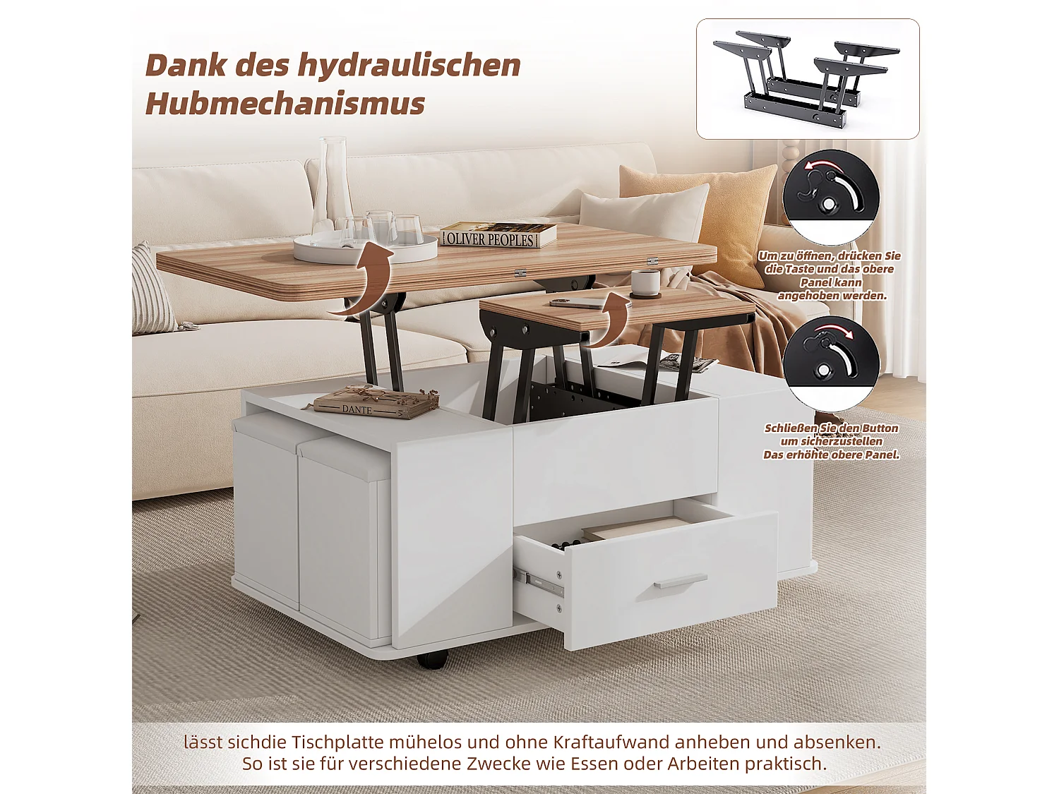 4-in-1 Couchtisch mit Hubfunktion – 100 x 50 x 45 cm – Mobiler Couchtisch mit Schubladen + 4 Hocker – Spanplatte – Weiß + Natur