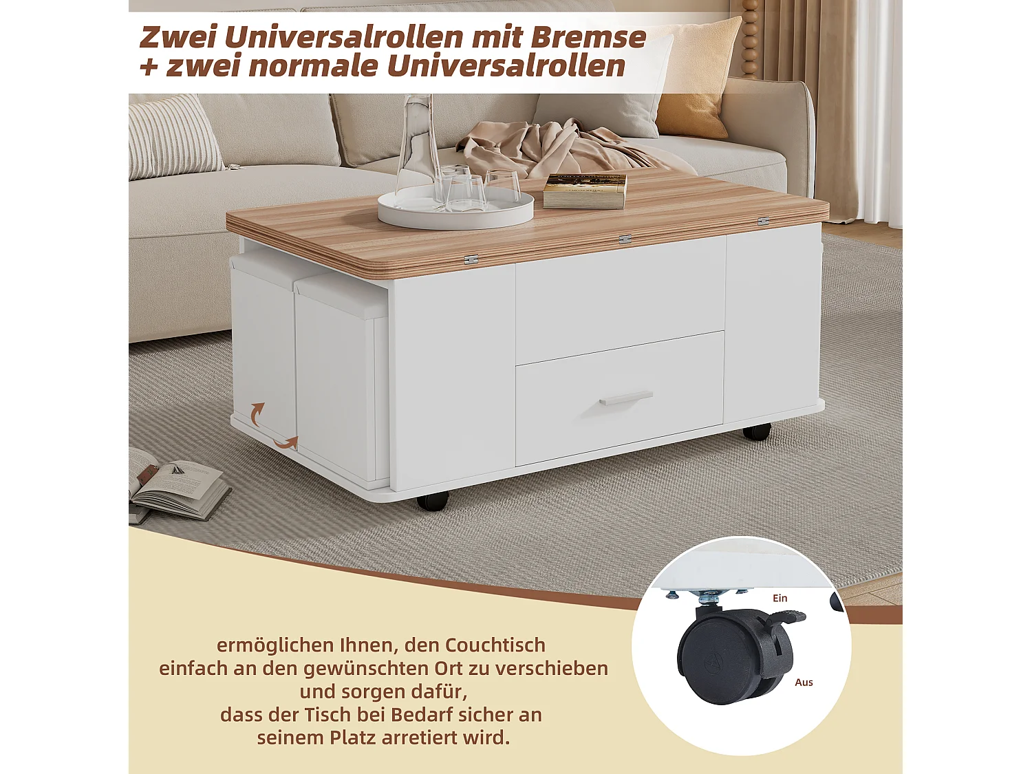 4-in-1 Couchtisch mit Hubfunktion – 100 x 50 x 45 cm – Mobiler Couchtisch mit Schubladen + 4 Hocker – Spanplatte – Weiß + Natur
