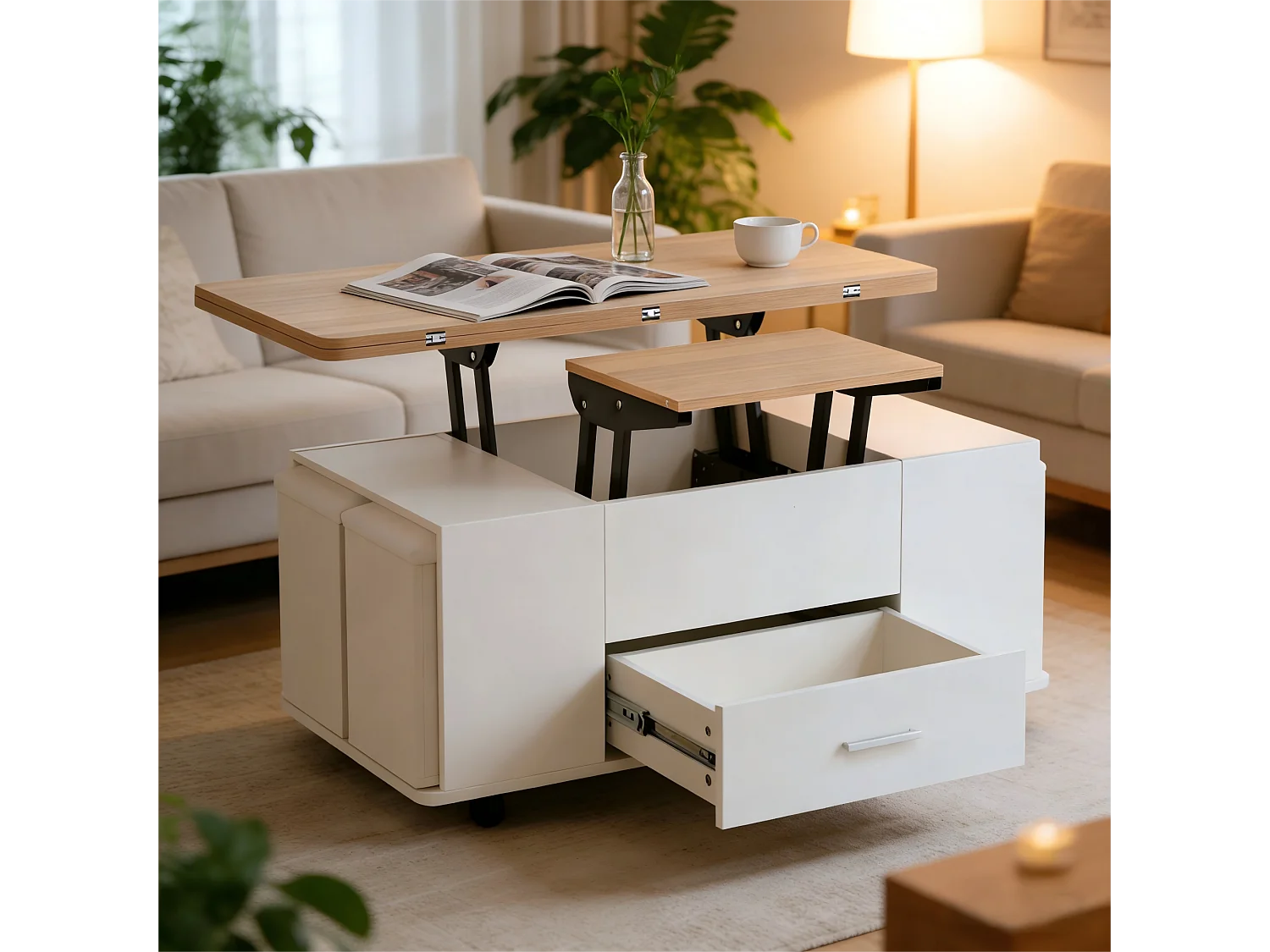 Table basse relevable 4 en 1 - 100 x 50 x 45 cm - table basse mobile avec tiroirs + 4 tabourets - aggloméré -  blanc + naturel