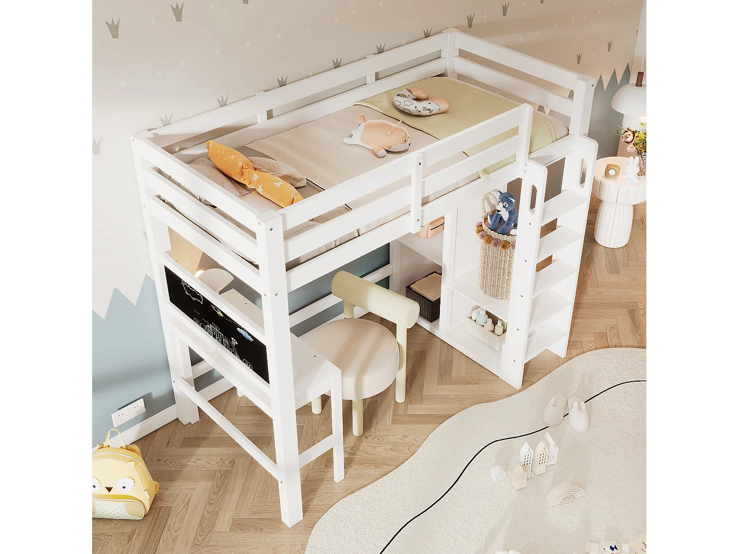 Letto soppalcato 90x200 cm - con scrivania, armadio aperto e ripiani - Bianco​ (materasso non incluso)