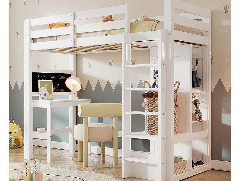 Letto soppalcato 90x200 cm - con scrivania, armadio aperto e ripiani - Bianco​ (materasso non incluso)