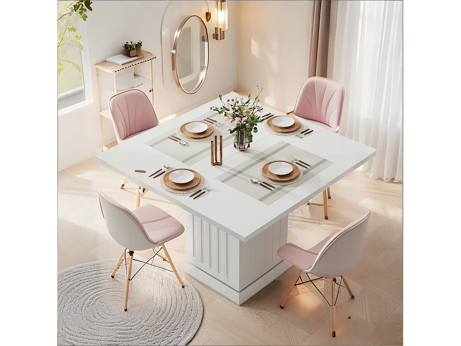 Table de salle à manger carrée de 90 cm avec 2 sets de table, petite table de cuisine avec socle robuste, pour salle à manger, salon, cuisine (blanc)
