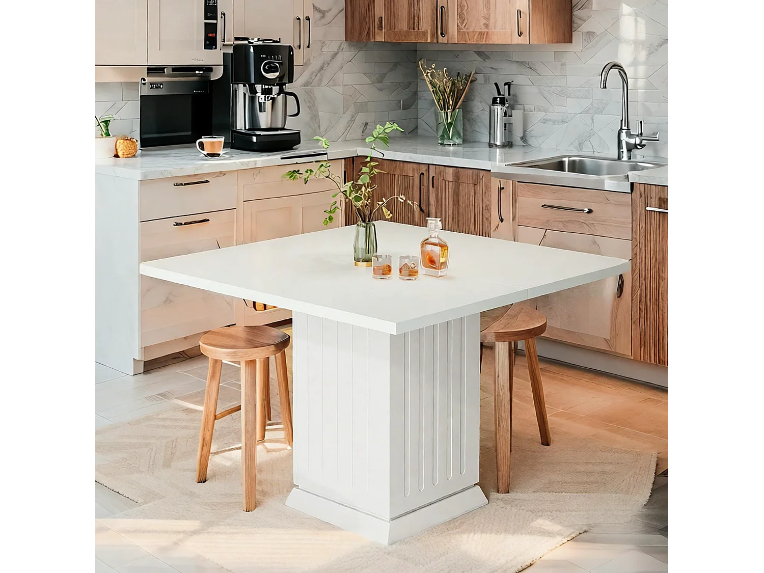 Table de salle à manger carrée de 90 cm avec 2 sets de table, petite table de cuisine avec socle robuste, pour salle à manger, salon, cuisine (blanc)