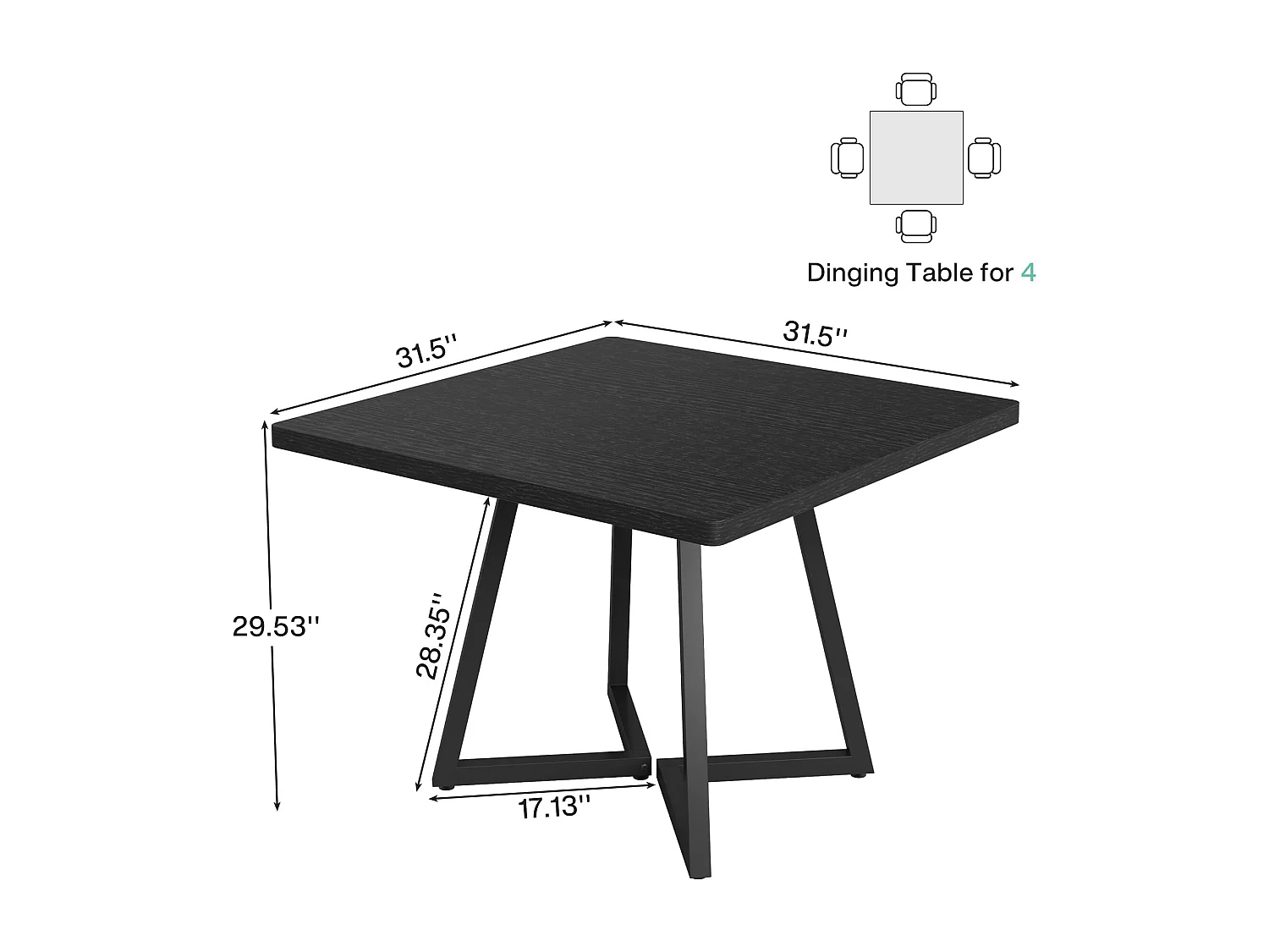 Table de salle à manger carrée pour 10,2 cm, table à manger industrielle avec base en métal, table de cuisine en bois pour salle à manger, petit espace, noir