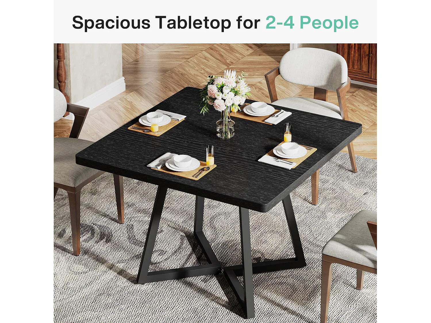 Table de salle à manger carrée pour 10,2 cm, table à manger industrielle avec base en métal, table de cuisine en bois pour salle à manger, petit espace, noir