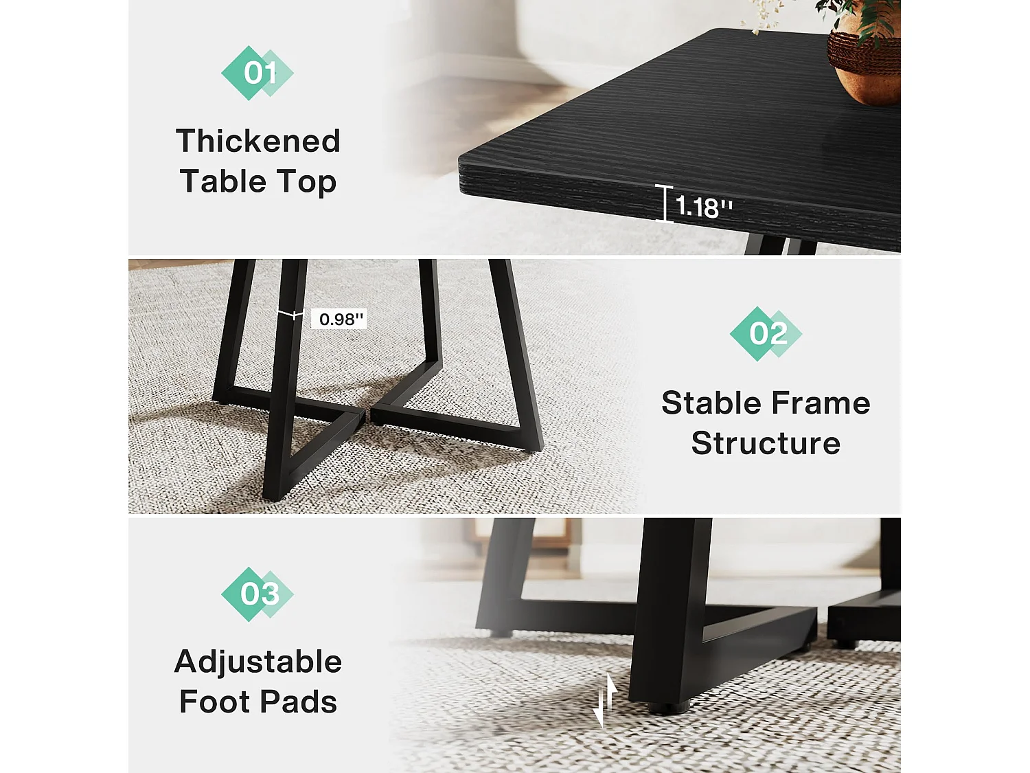 Table de salle à manger carrée pour 10,2 cm, table à manger industrielle avec base en métal, table de cuisine en bois pour salle à manger, petit espace, noir