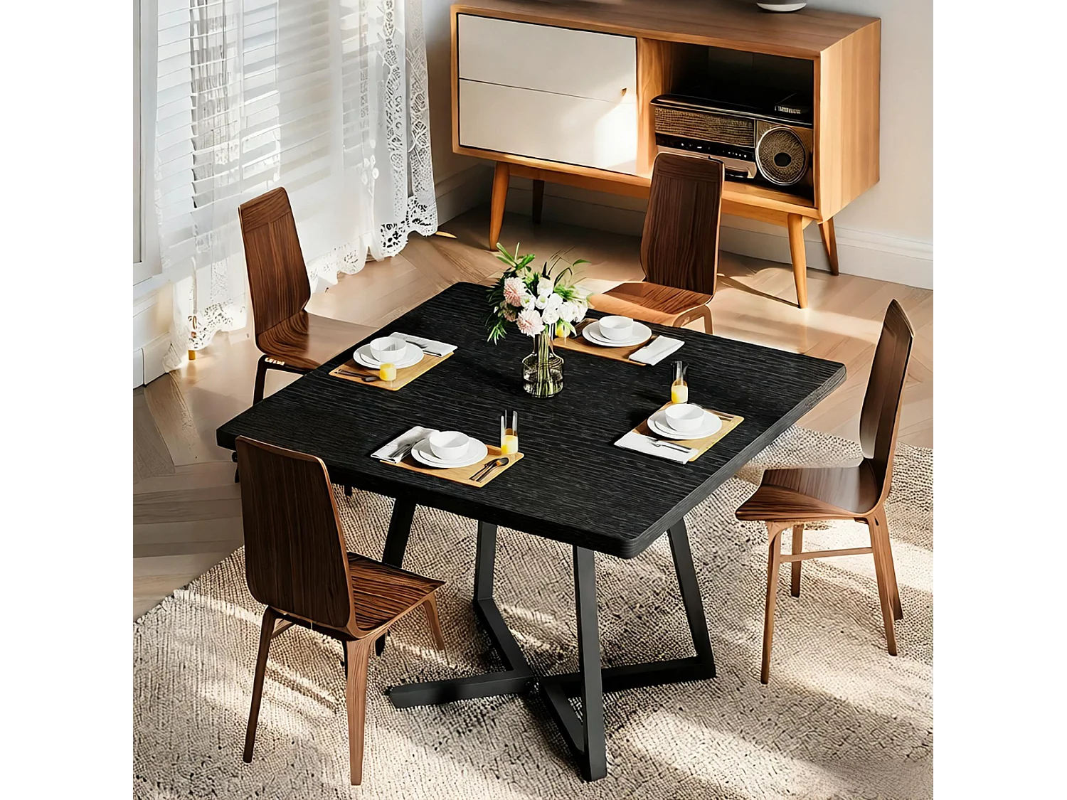 Table de salle à manger carrée pour 10,2 cm, table à manger industrielle avec base en métal, table de cuisine en bois pour salle à manger, petit espace, noir