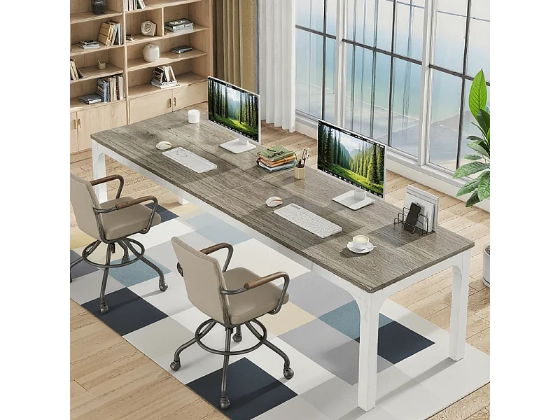 Bureau d'Ordinateur 200x70x75cm - Double Poste de Travail - Longue Table d'Étude pour Étudiants et Professionnels - Blanc