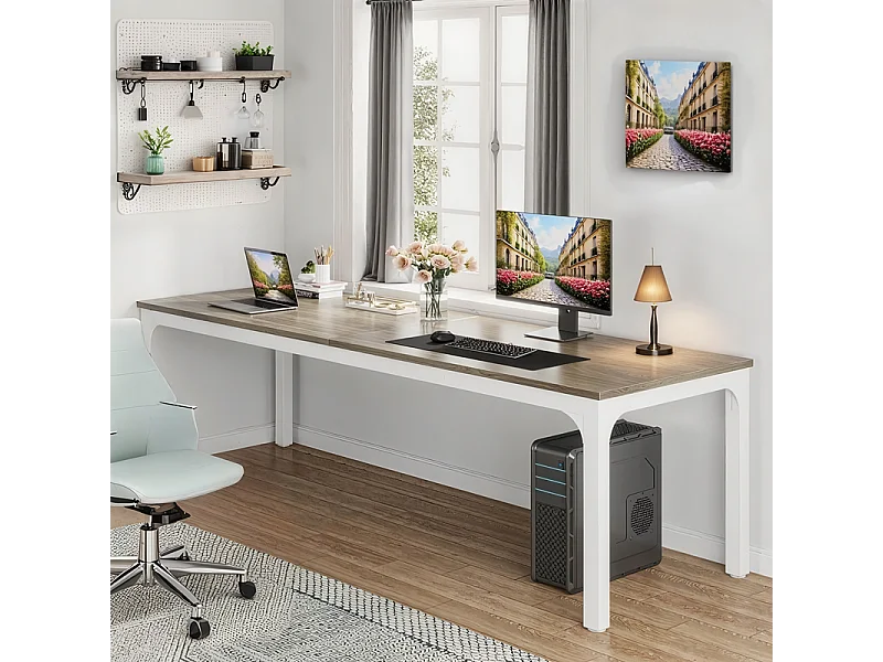 Bureau d'Ordinateur 200x70x75cm - Double Poste de Travail - Longue Table d'Étude pour Étudiants et Professionnels - Blanc