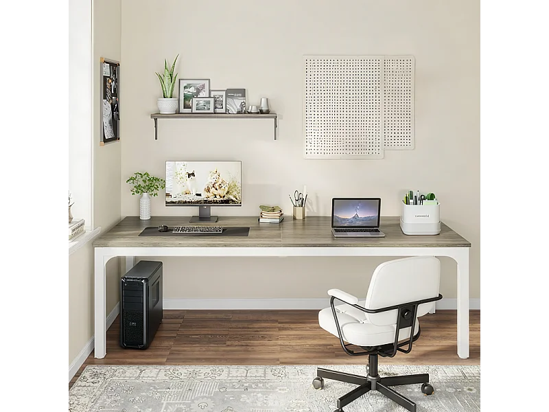 Bureau d'Ordinateur 200x70x75cm - Double Poste de Travail - Longue Table d'Étude pour Étudiants et Professionnels - Blanc