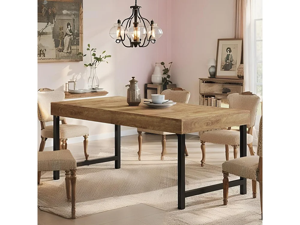 Table de salle à manger rectangulaire industrielle pour 4 à 6 personnes, 140 cm Table à Manger, avec pieds en métal robustes pour la maison, la salle à manger, peti
